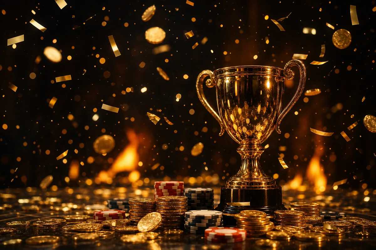 Piala emas, chip, dan koin perayaan jackpot member QQSTAR